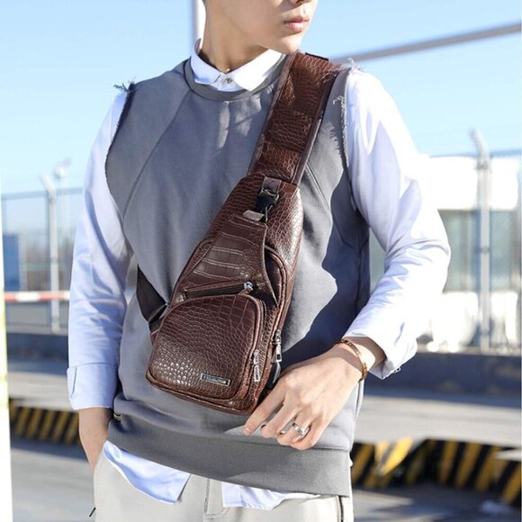 💫 Men Brown Leather Crossbody Bag Campus Travel USB Charging Port Backpacks - Picture 5 of 6